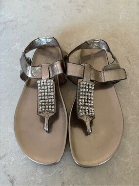 Aldo Metallic Pewter Jeweled T-Strap Sandals